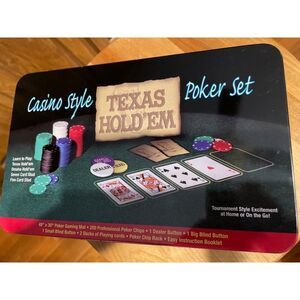 Casino Style Texas Hold’Em Poker Set New in tin, cards, chips, instructions, mat